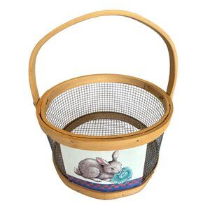 Vtg Wooden Chicken Wire Basket Rabbit Bunny Print Rustic Decor